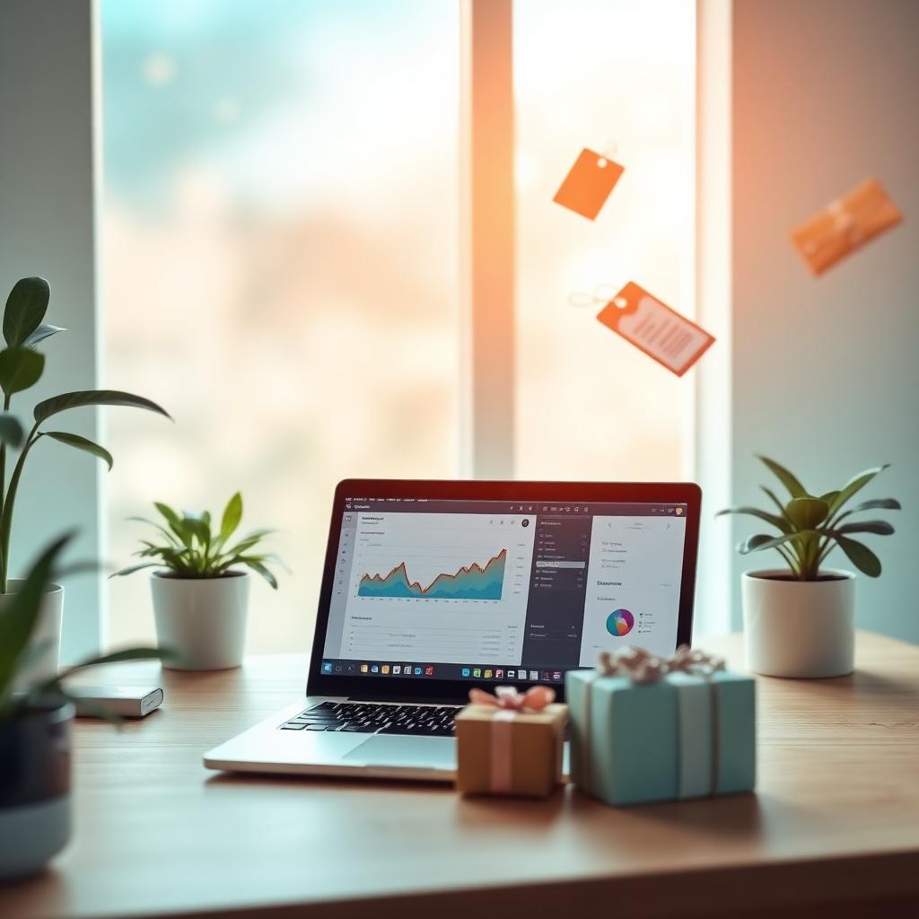 A serene workspace with comparison tools and small gift boxes